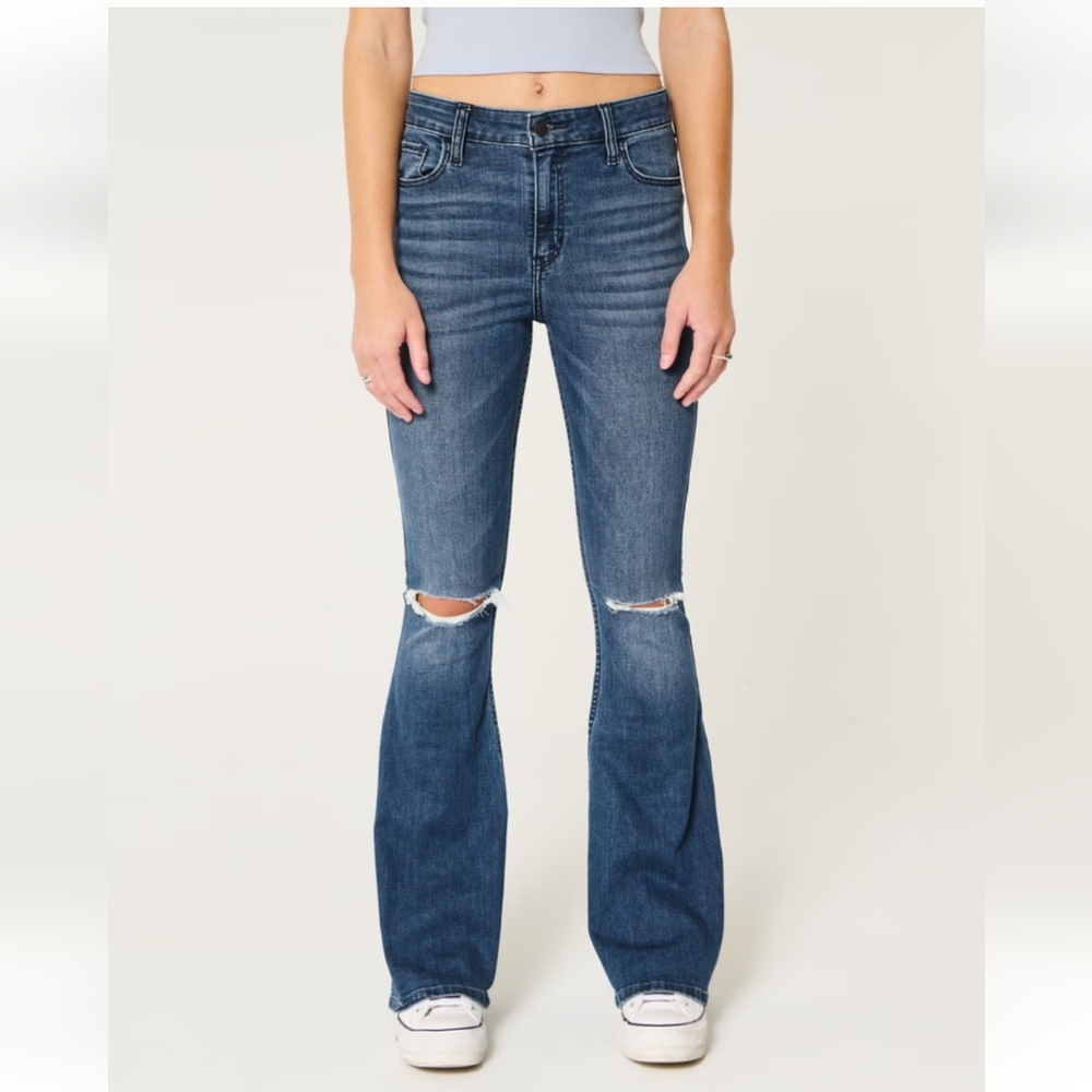 New! Hollister High-Rise Ripped Medium Wash Flare Jeans Size 4/27 (Short)